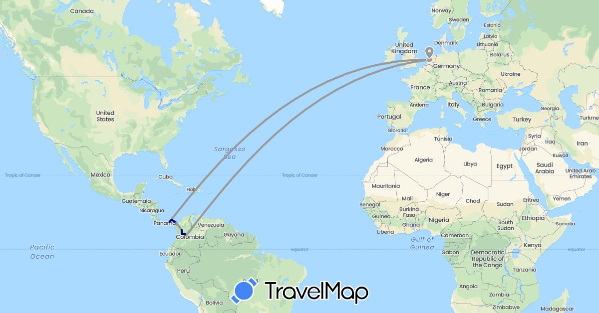 TravelMap itinerary: driving, plane in Colombia, Netherlands, Panama (Europe, North America, South America)